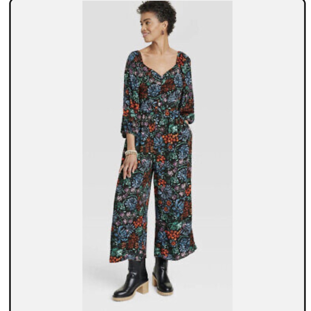 Knox Rose Women's Floral Puff Sleeve Wide Leg Jumpsuit Floral Black XS NWT
